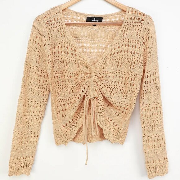 LULUS Only Yours Beige Sheer Crochet Ruched Sweater Top XS (ONLY WORN ONCE!) - Picture 3 of 8